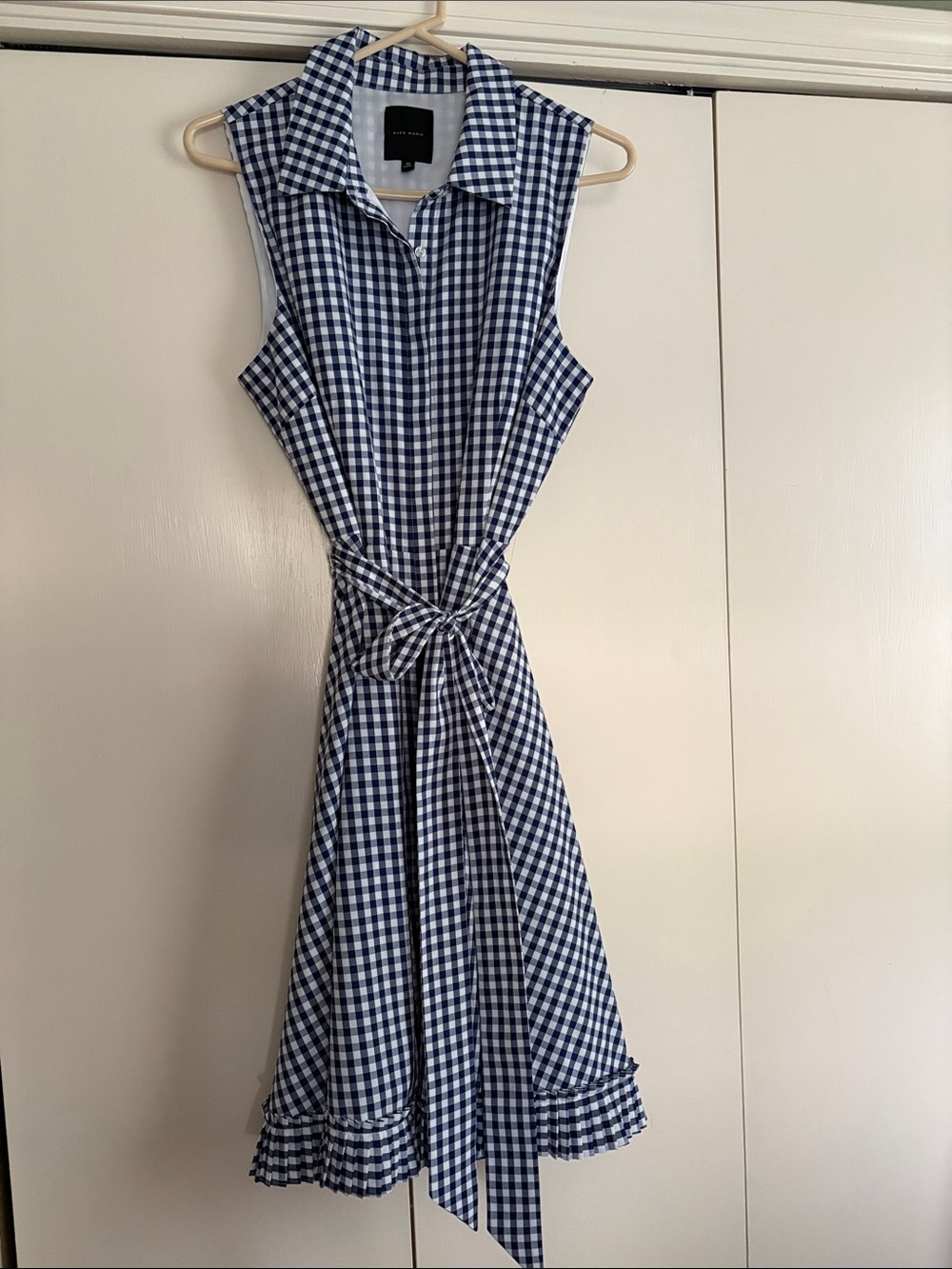 Sleeveless Navy & White Gingham Shirt Dress with Tie Waist